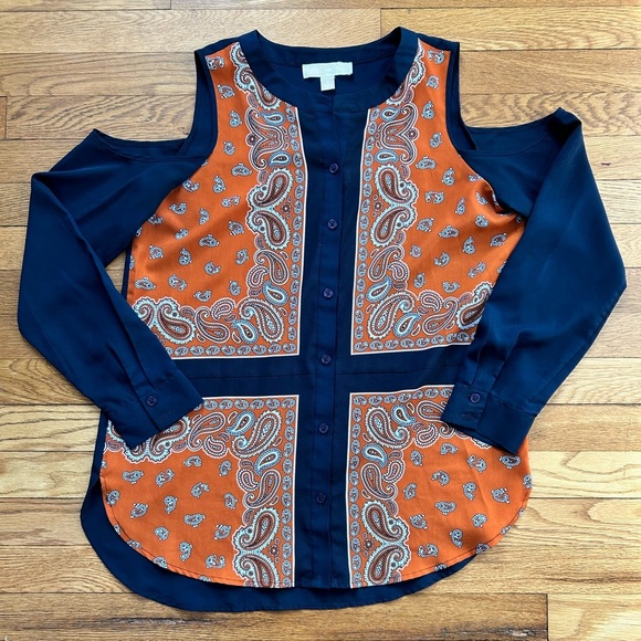 Michael Kors Women’s Dark Navy Blue Burnt Orange Cold Shoulder Blouse - Size M - Picture 1 of 9